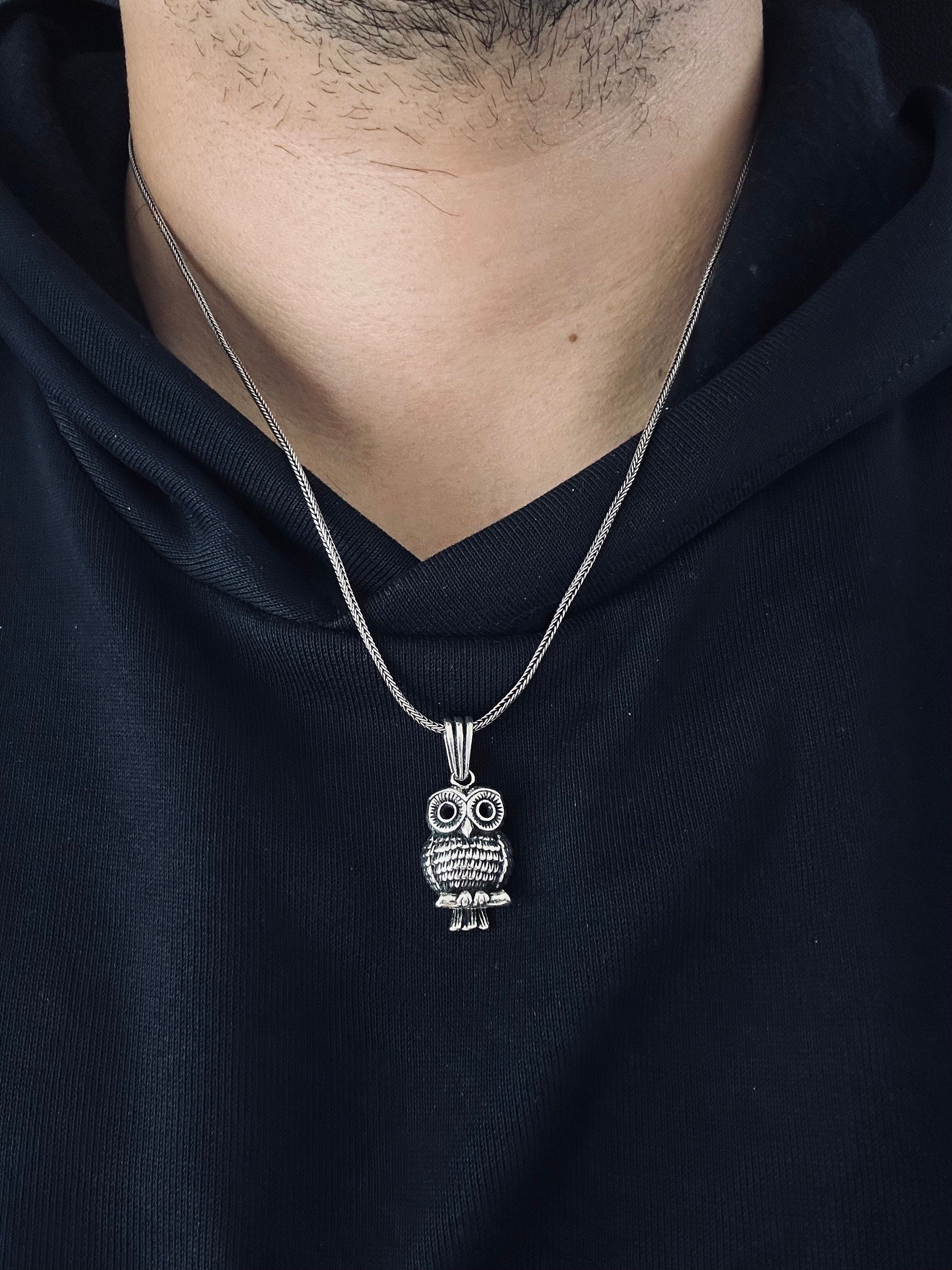 Silver Owl Necklace: Handmade Bird Pendant with Wooden Box