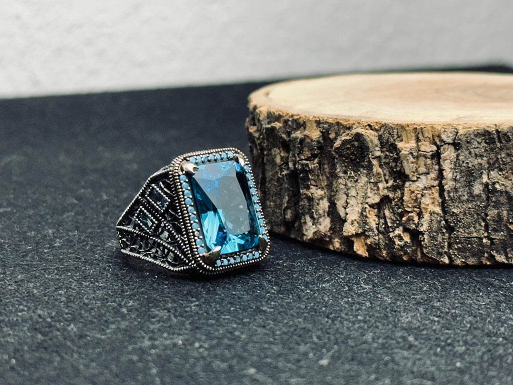 Men's Sterling Silver Aquamarine Ring, Dainty Blue Gemstone (March Birthstone)