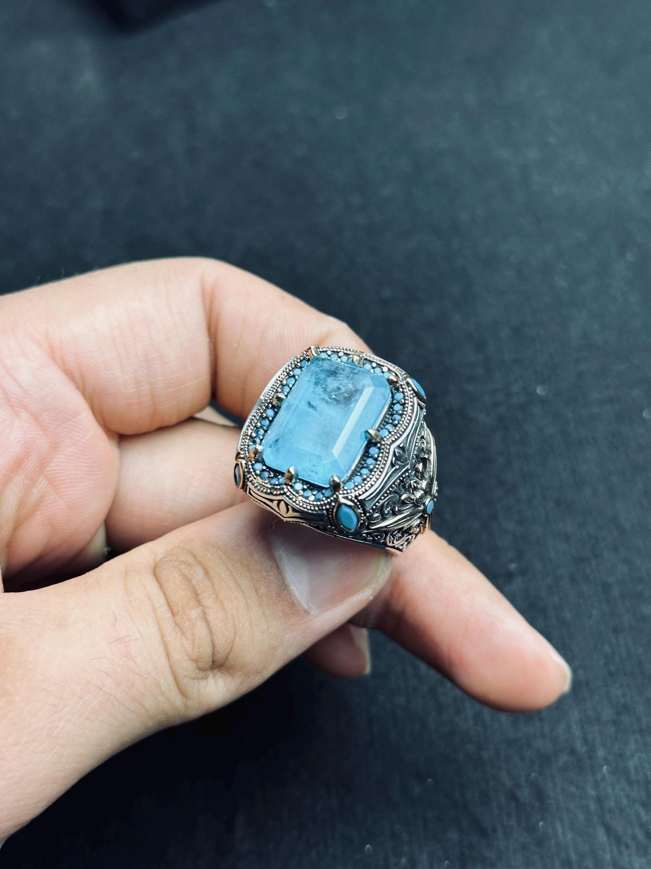 Aquamarine Ring: Men's Handmade Sterling Silver (Ottoman Lion Head)
