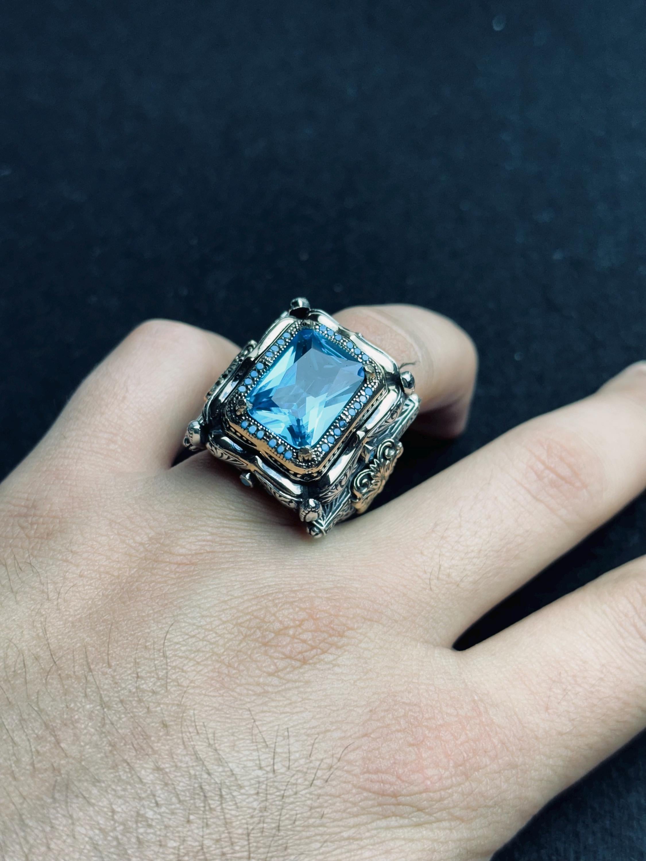 Men's Statement Ring: Large Aquamarine Square Gem - Sterling Silver