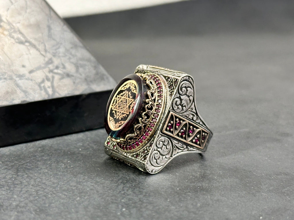 Solomon Seal Ring: Large Amber Stone - Sterling Silver Men’s Jewelry