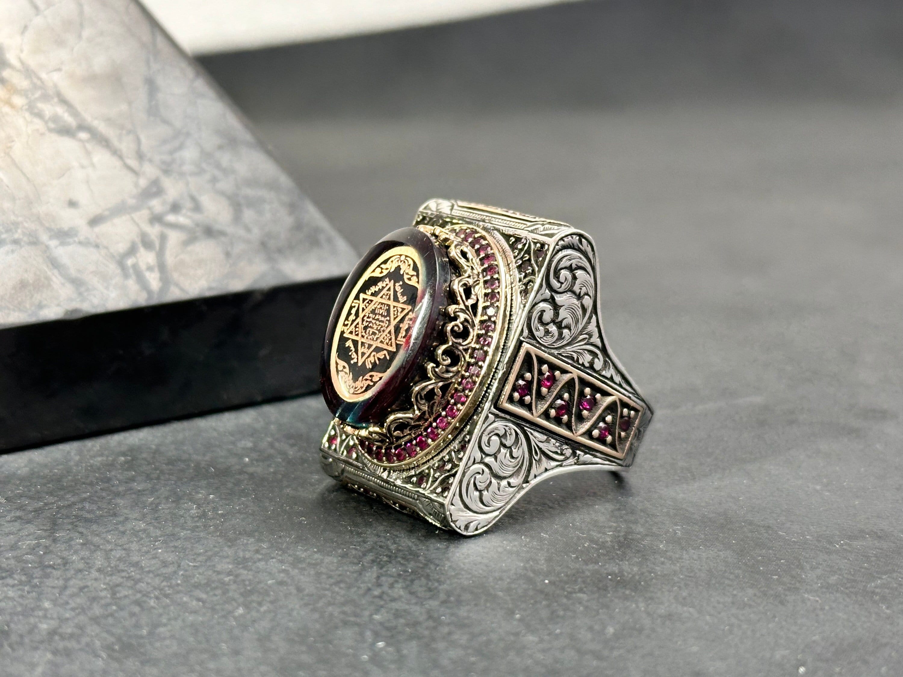 Solomon Seal Ring: Large Amber Stone - Sterling Silver Men’s Jewelry