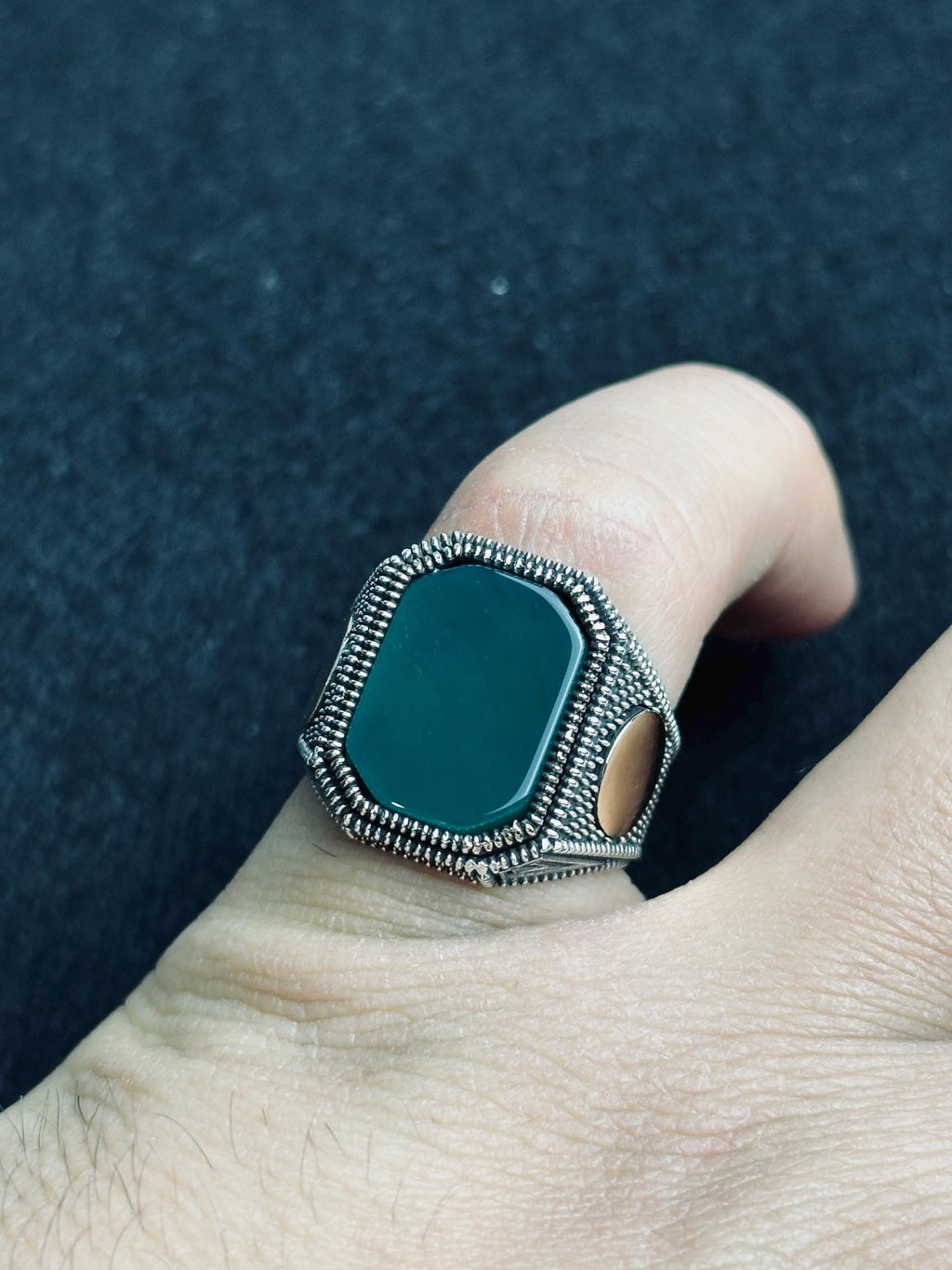 Green Agate Ring for Men: Handmade Sterling Silver Leaf Band