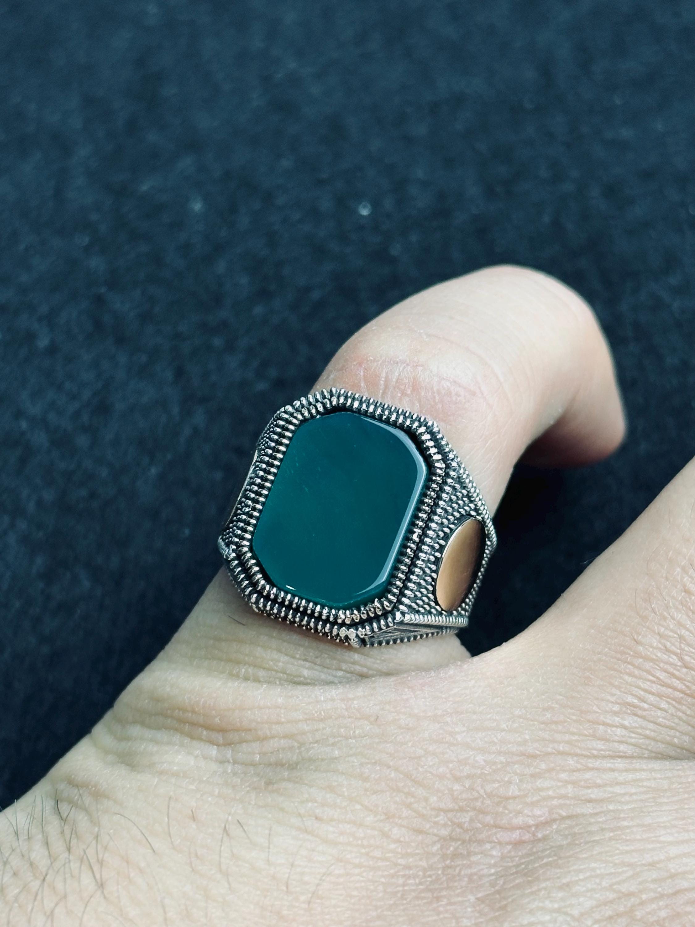 Green Agate Ring for Men: Handmade Sterling Silver Leaf Band