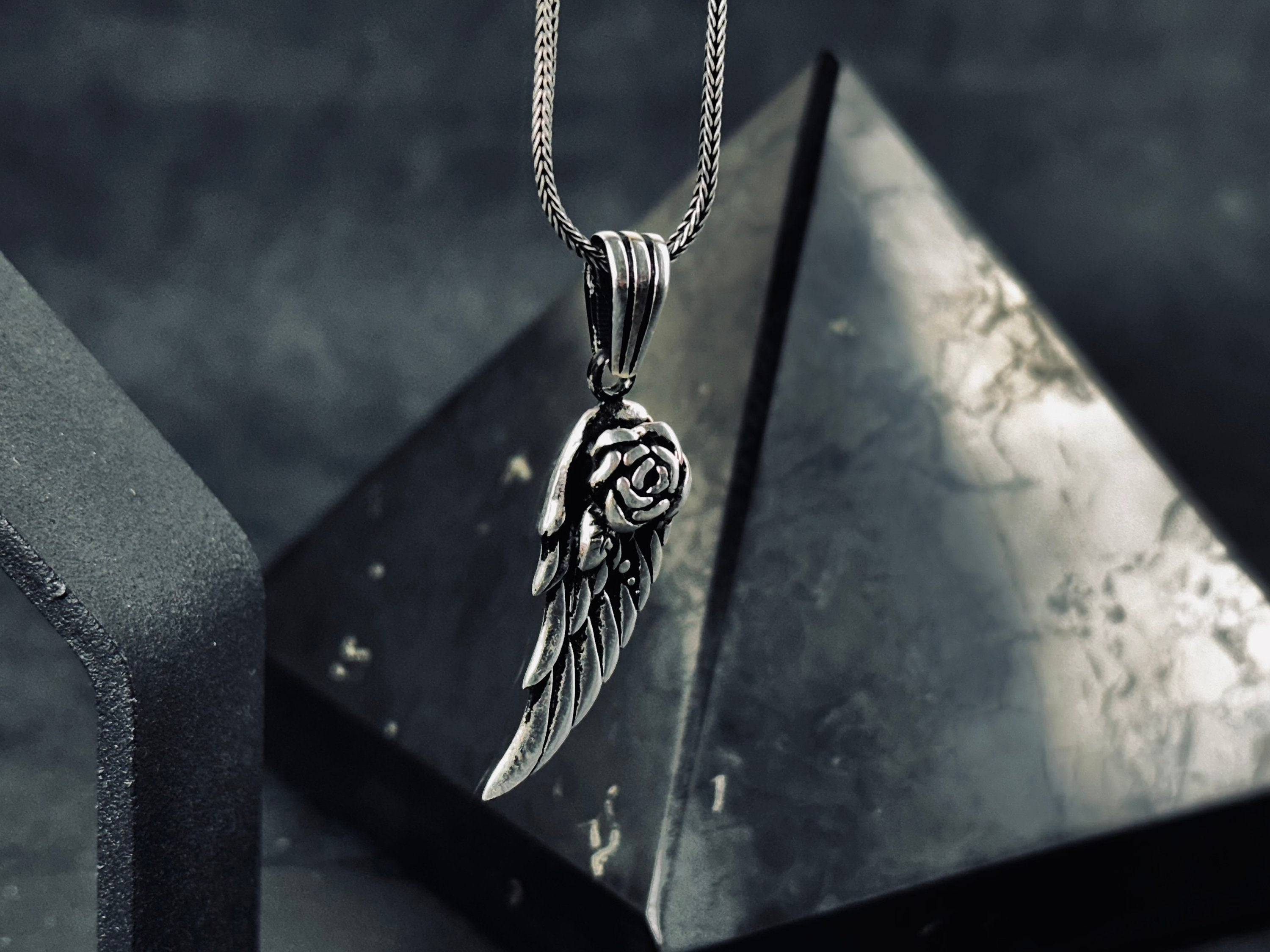 Silver Rose Wing Necklace - Handmade Pendant with Chain