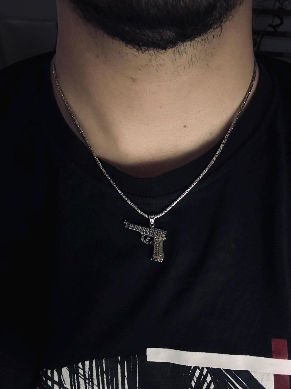 Gun Necklace: Men's Silver Pendant Jewelry (Chain Length Options)