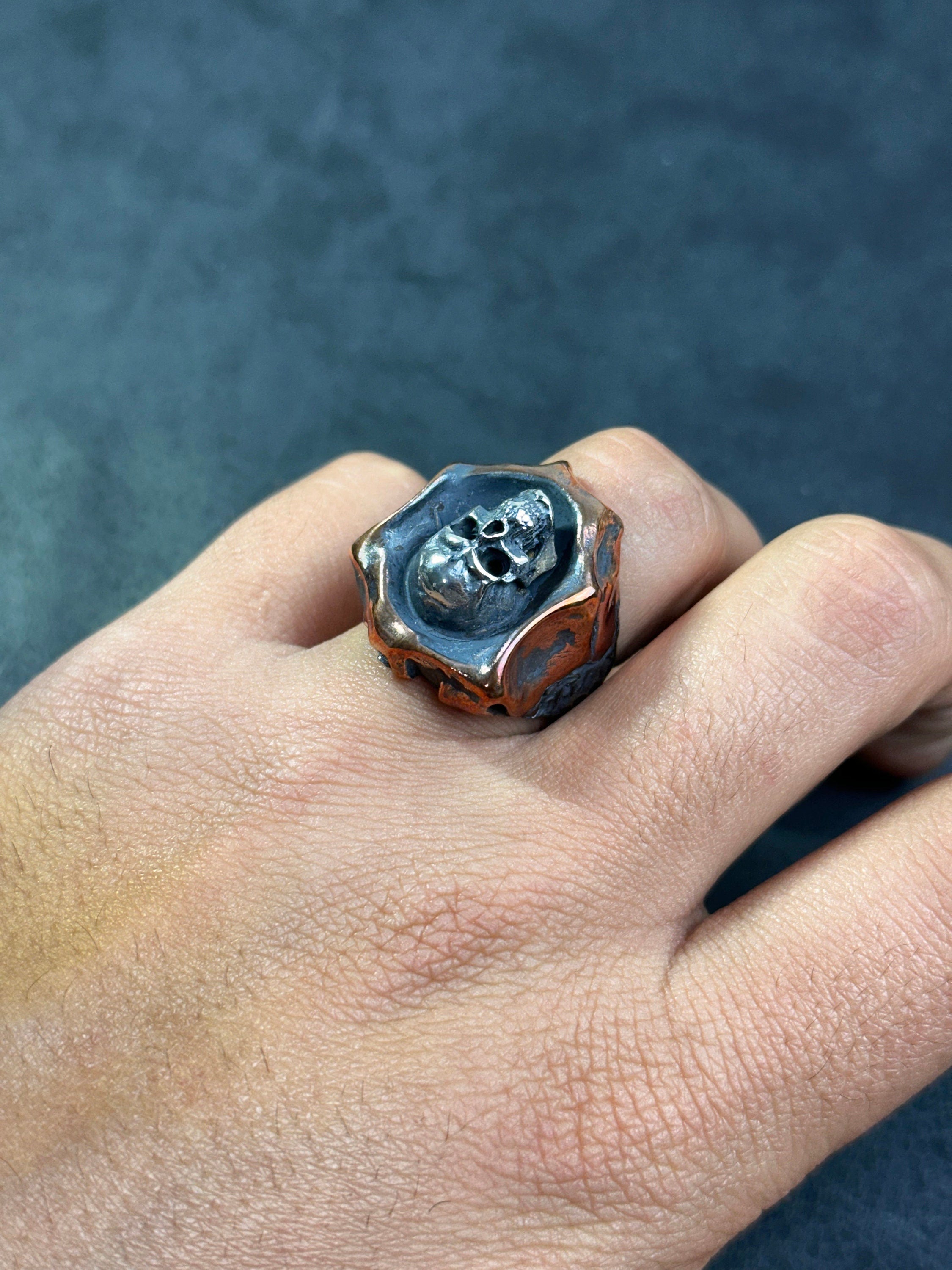 Oxidized Sterling Silver Skull Ring: Handmade Gothic Biker Jewelry