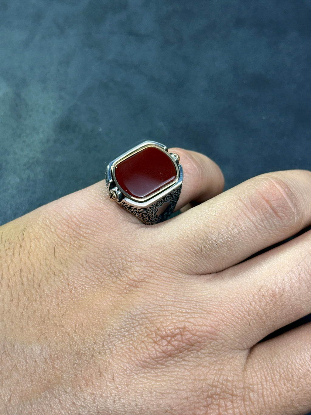Men's Red Agate Silver Ring, Seal of Solomon (Double-Sided Design)