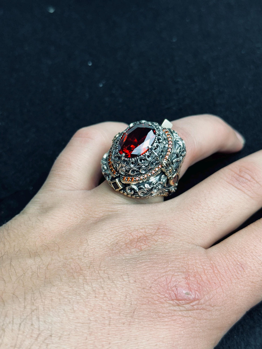 Ruby Ring, 925 Sterling Silver Victorian Filigree Statement Ring