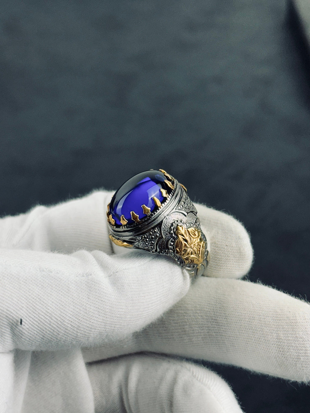 Sterling Silver Ring: Blue Zirconium Stone - Hand Engraved King Theme