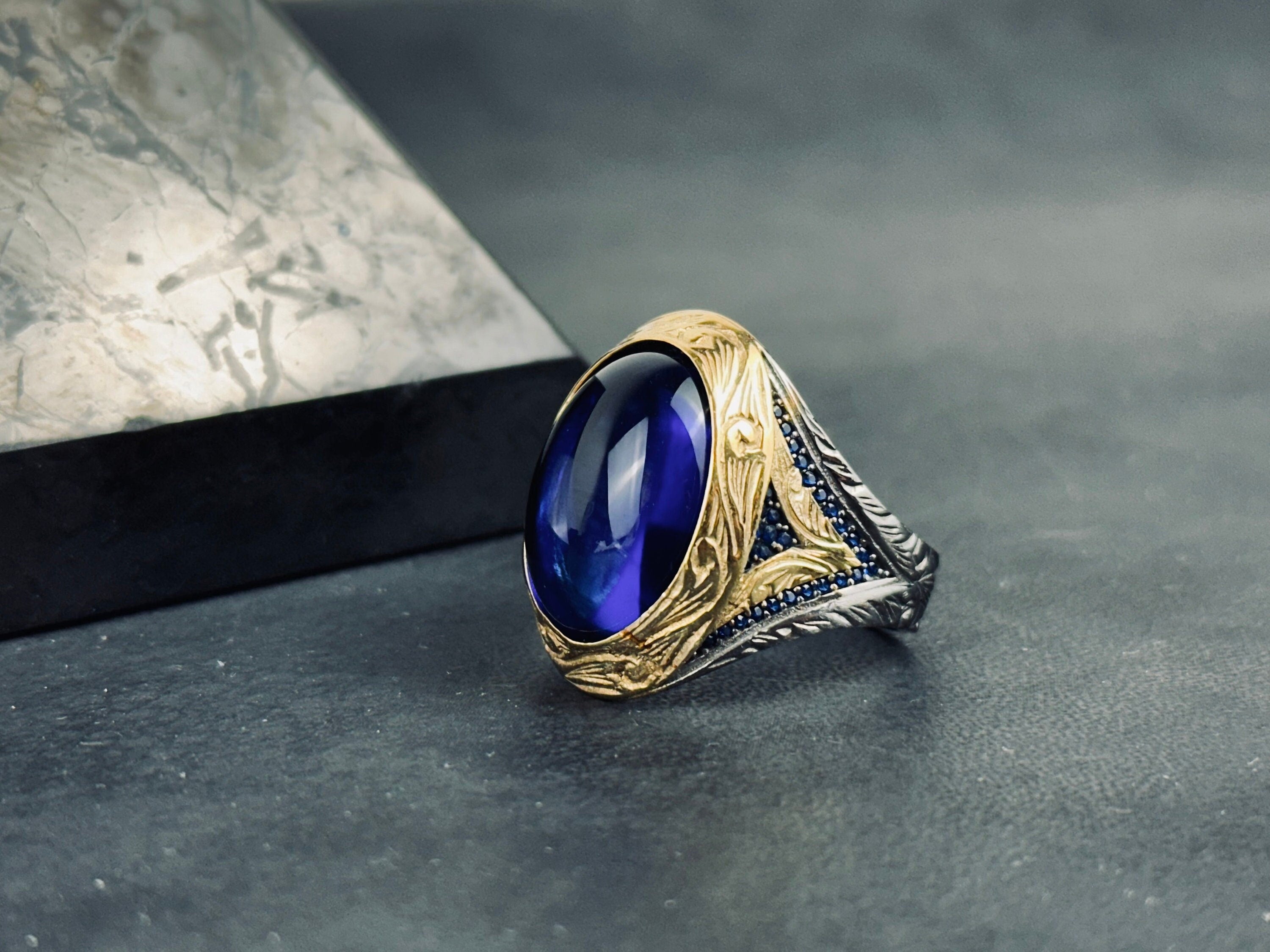Zircon Statement Ring: Mystic Blue Oval - Sterling Silver
