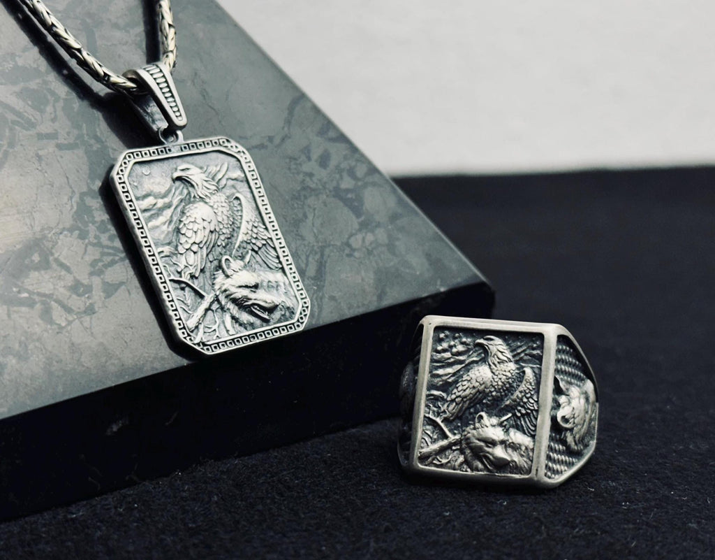 Sterling Silver Eagle Jewelry Set: Handmade Necklace and Ring