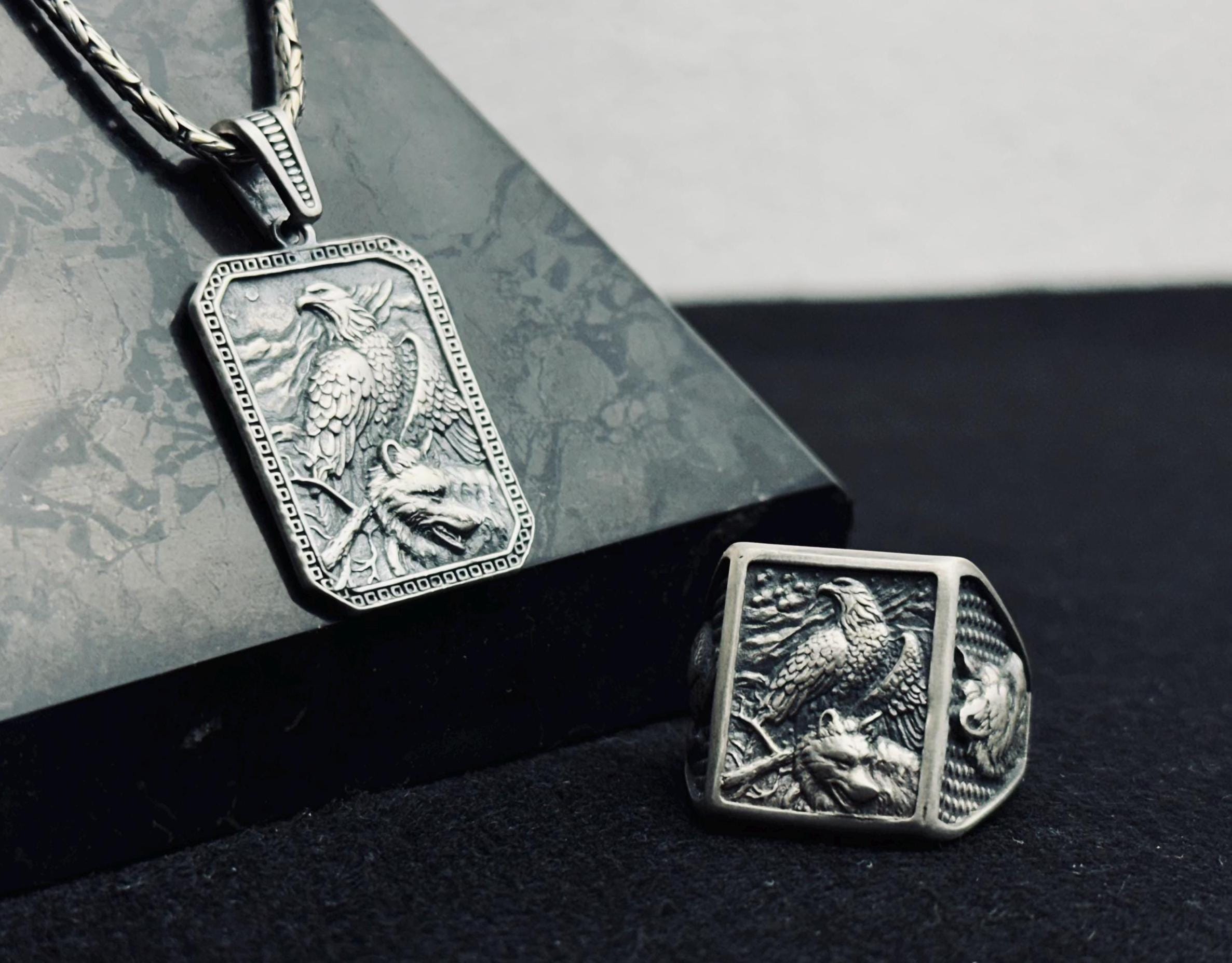 Sterling Silver Eagle Jewelry Set: Handmade Necklace and Ring