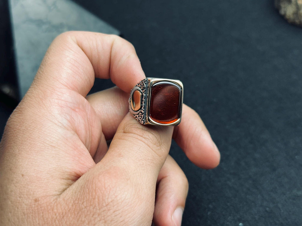 Sterling Silver Men's Amber Ring - Handmade Turkish Baltic Stone