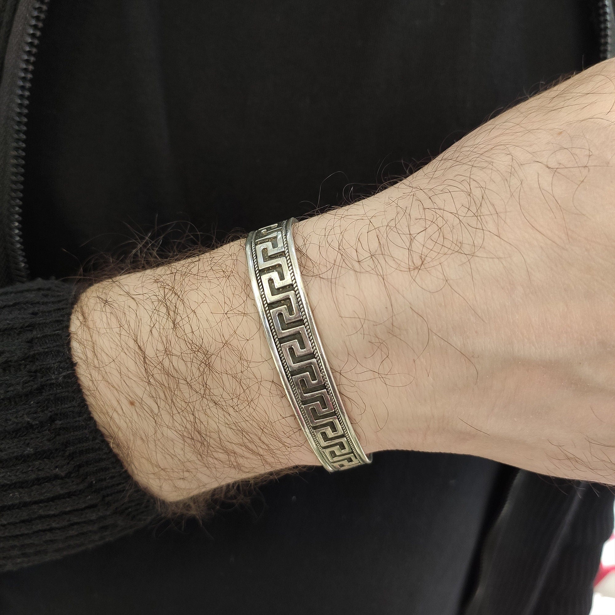 Engraved Silver Cuff Bracelet: Greek Key Pattern (Sterling, Handmade)