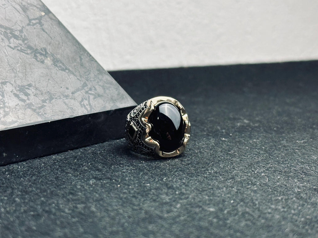 Men's Oxidized Sterling Silver Ring, Black Onyx Gemstone (Handmade)