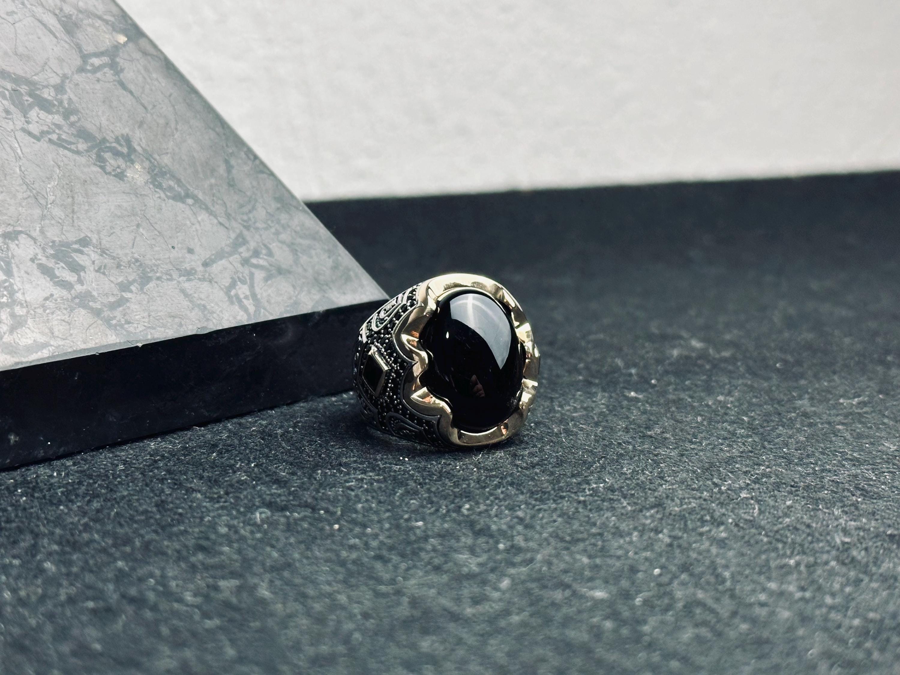 Men's Oxidized Sterling Silver Ring, Black Onyx Gemstone (Handmade)