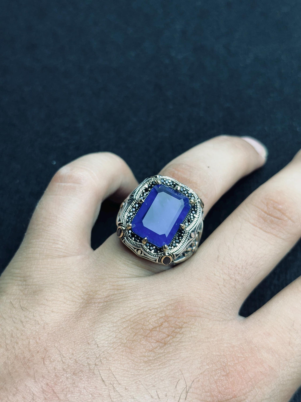 Blue CZ Men's Ring: Handmade Sterling Silver, Turkish Statement