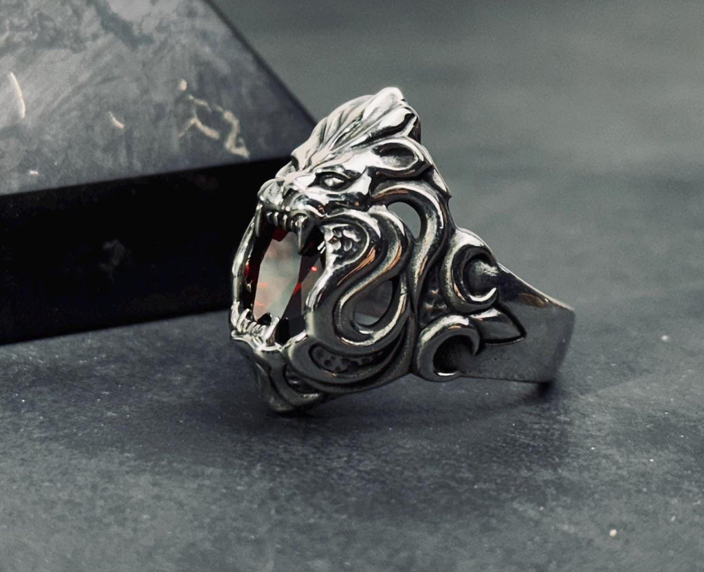 Boho Sterling Silver Lion Ring, Red Cubic Zirconia (Oxidized Finish)