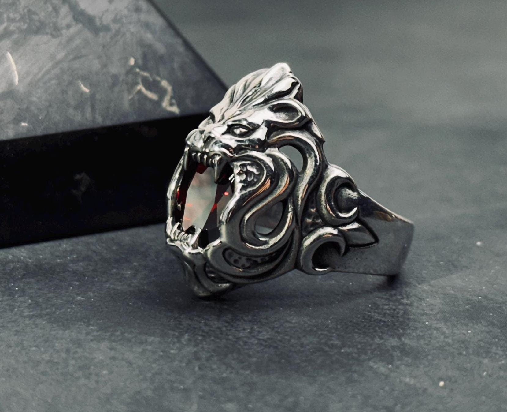 Boho Sterling Silver Lion Ring, Red Cubic Zirconia (Oxidized Finish)