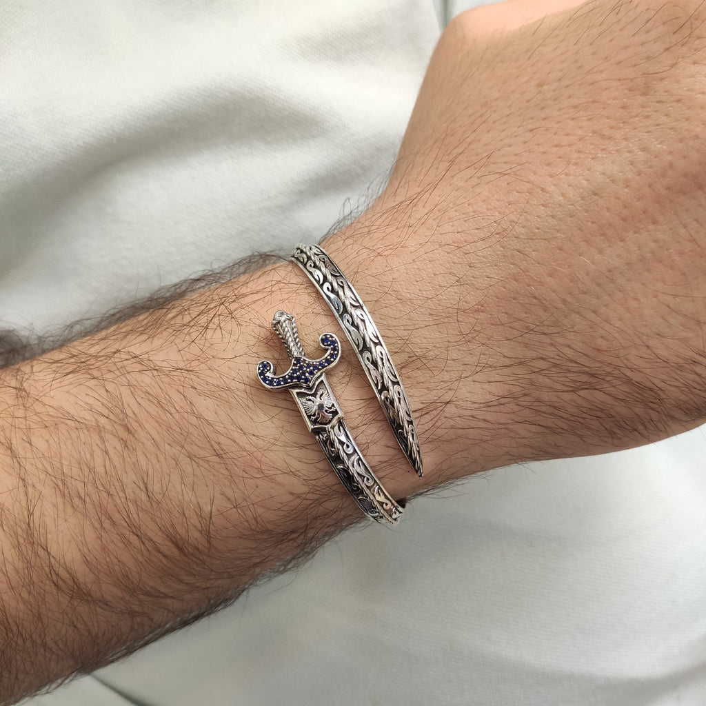 Sterling Silver Sword Bracelet - Sapphire Stone Warrior Cuff