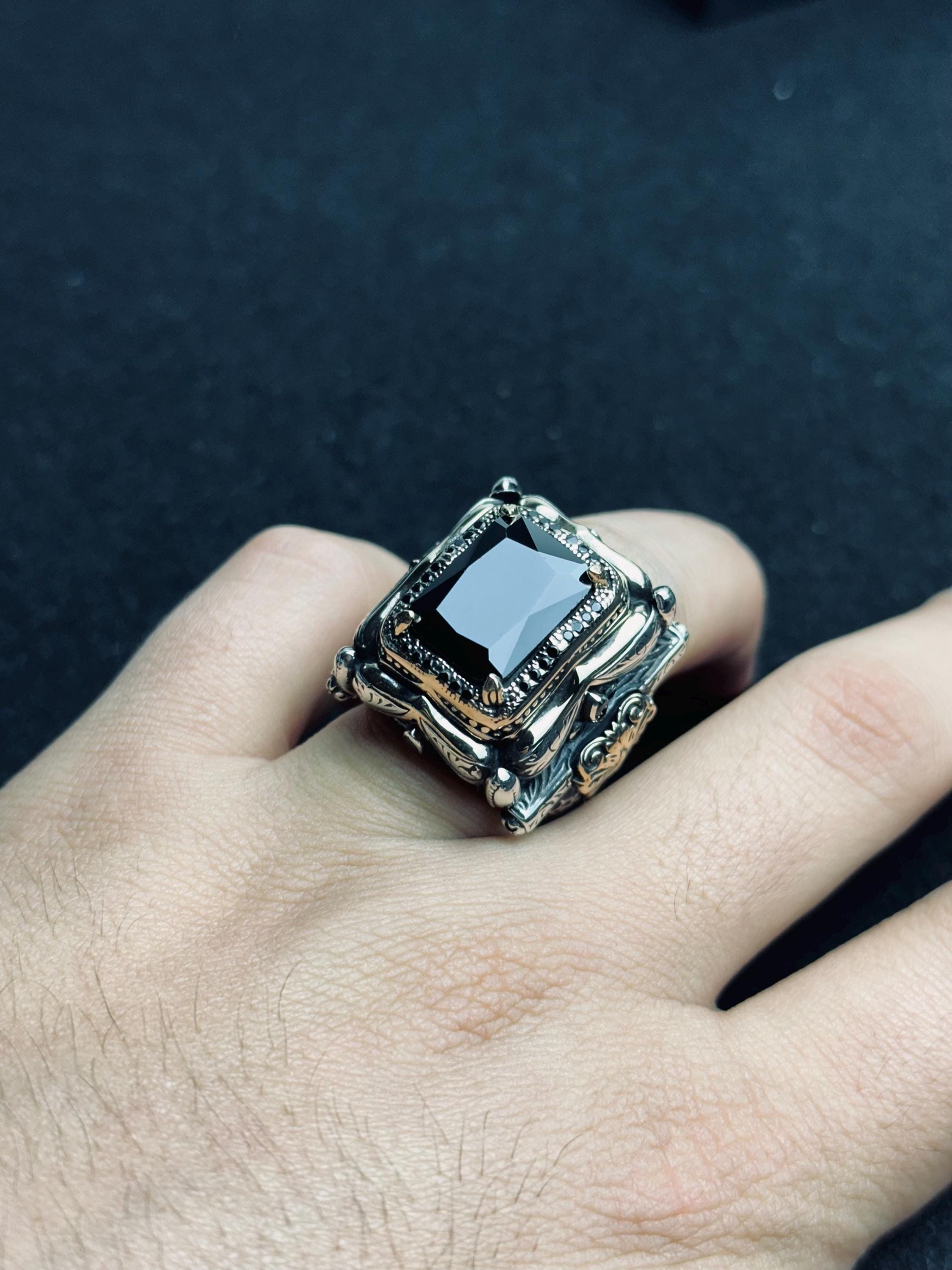 Men's Square Zircon Ring: Bold Black Stone (925 Sterling Silver)
