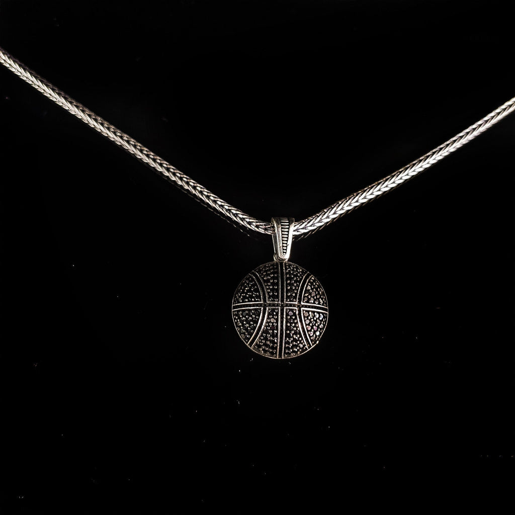 Sterling Silver Basketball Necklace: Black Zircon Accent