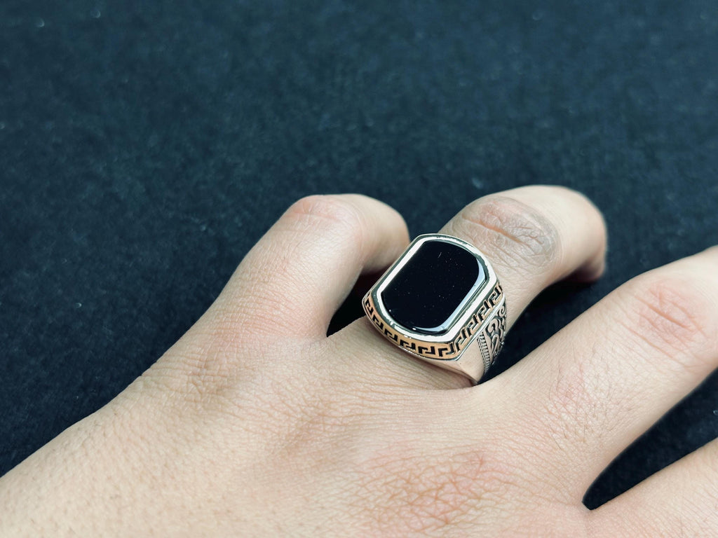 Ottoman Black Onyx Ring: Crescent Star, 925 Sterling Silver