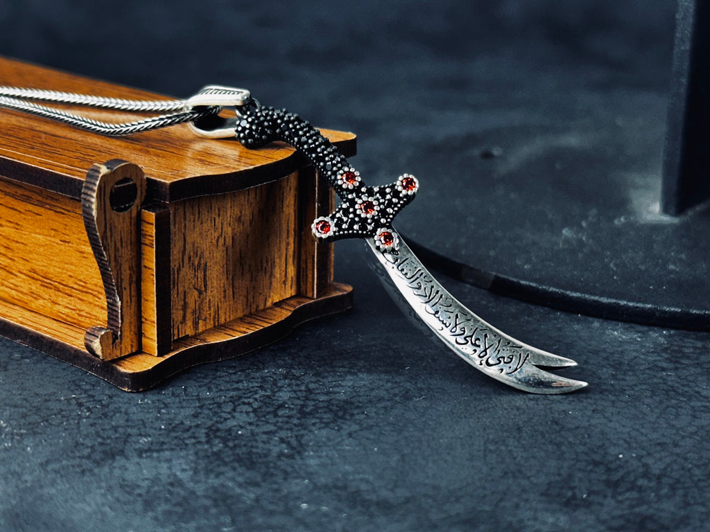 Islamic Silver Necklace, Zulfiqar Sword Pendant (With Zircon Stones)