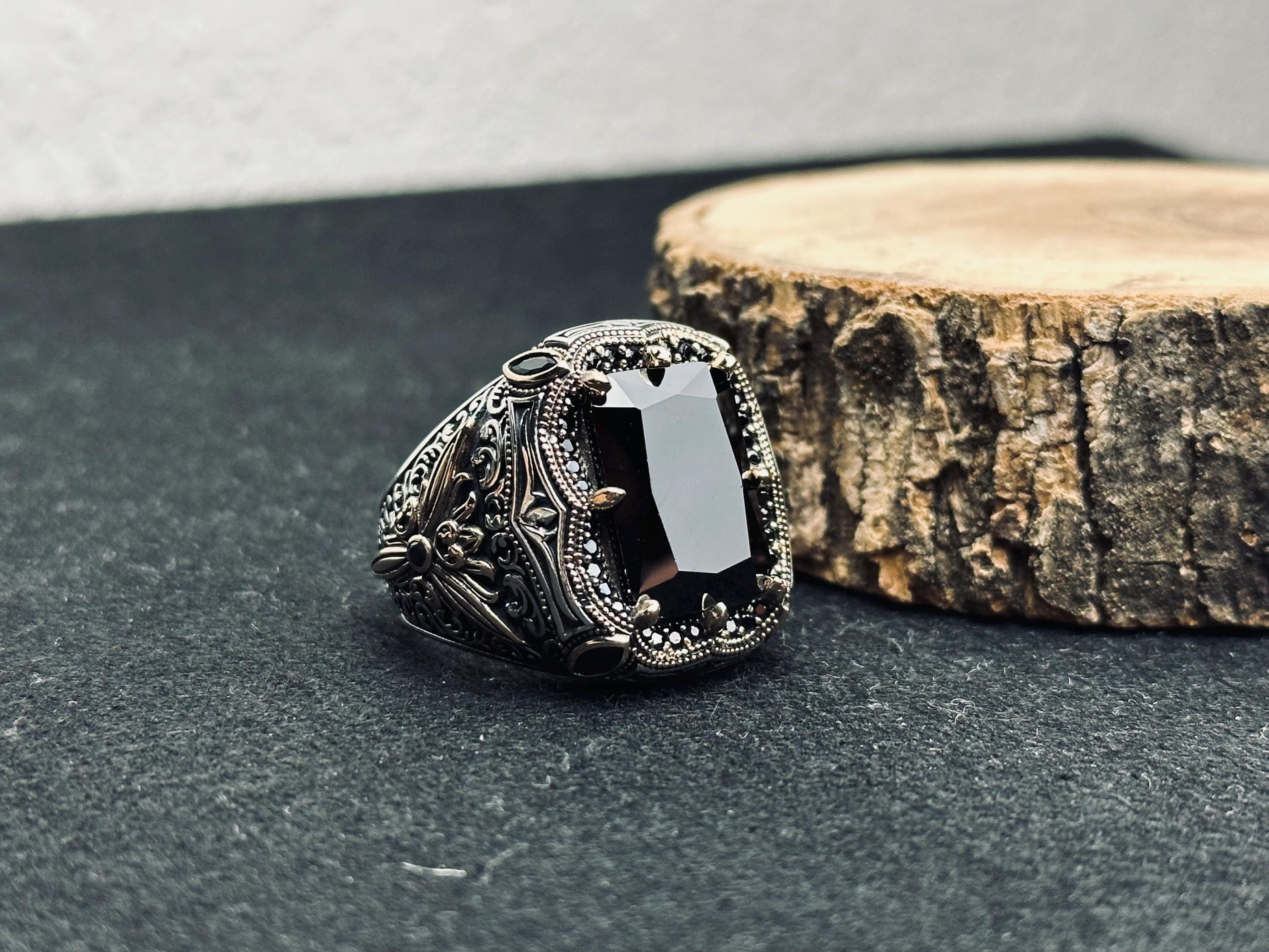 Black Zircon Men's Ring: Handmade Sterling Silver Ottoman Style