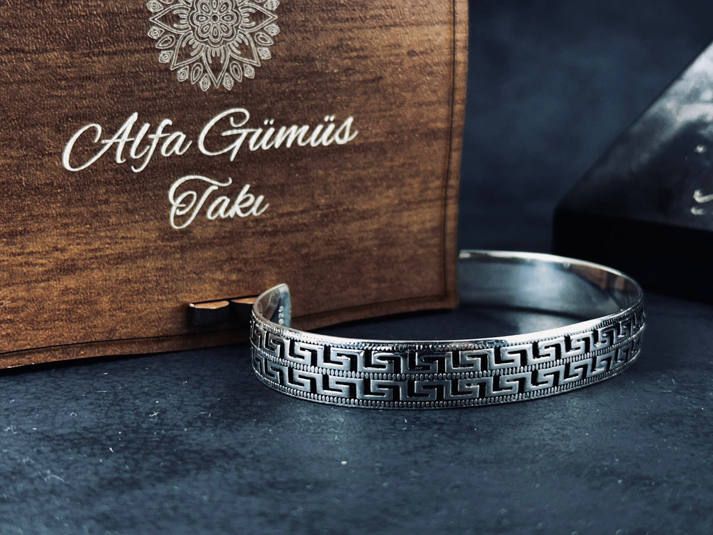 Sterling Silver Greek Key Bracelet - Handmade Unisex Cuff