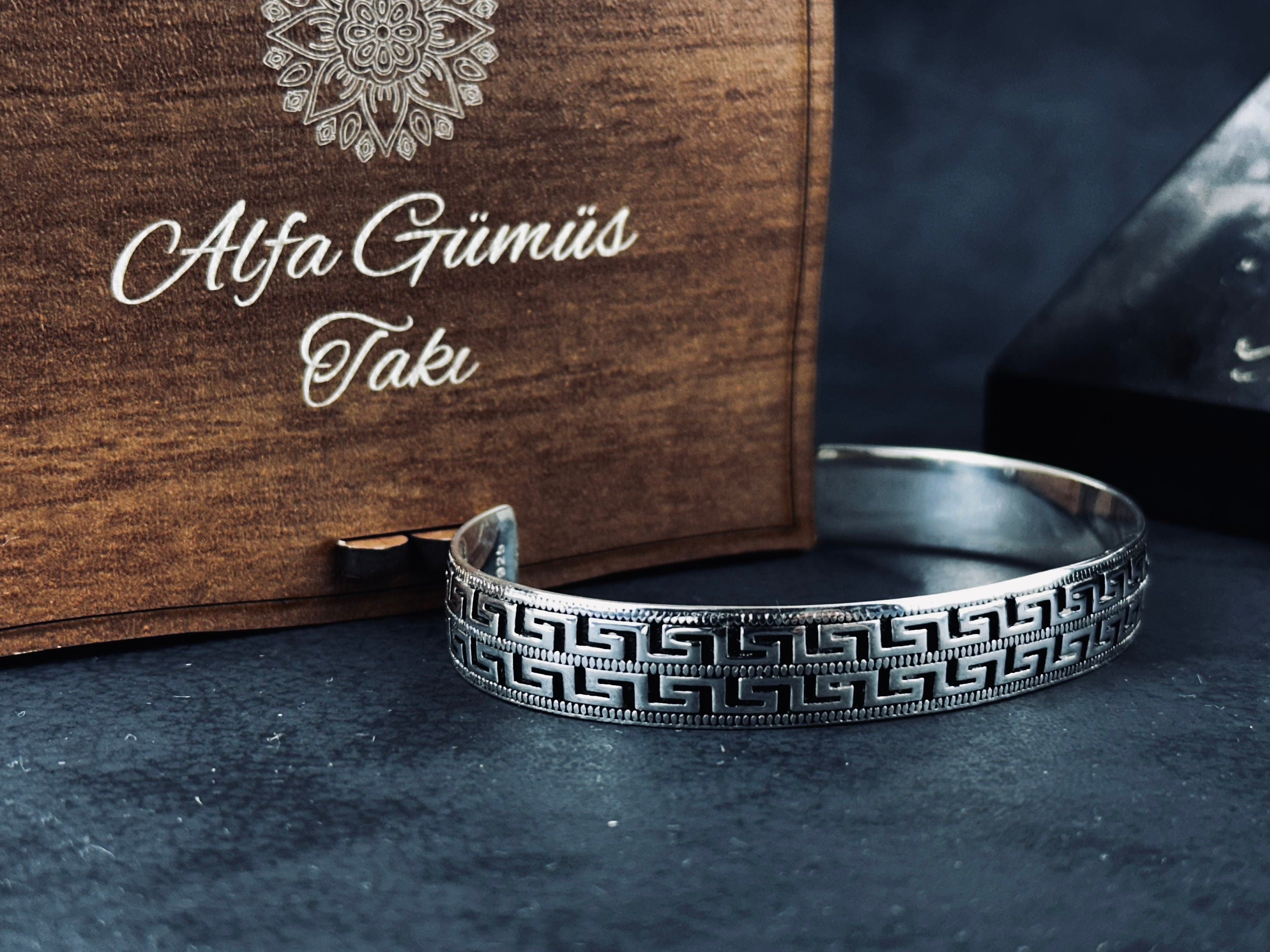 Sterling Silver Greek Key Bracelet - Handmade Unisex Cuff