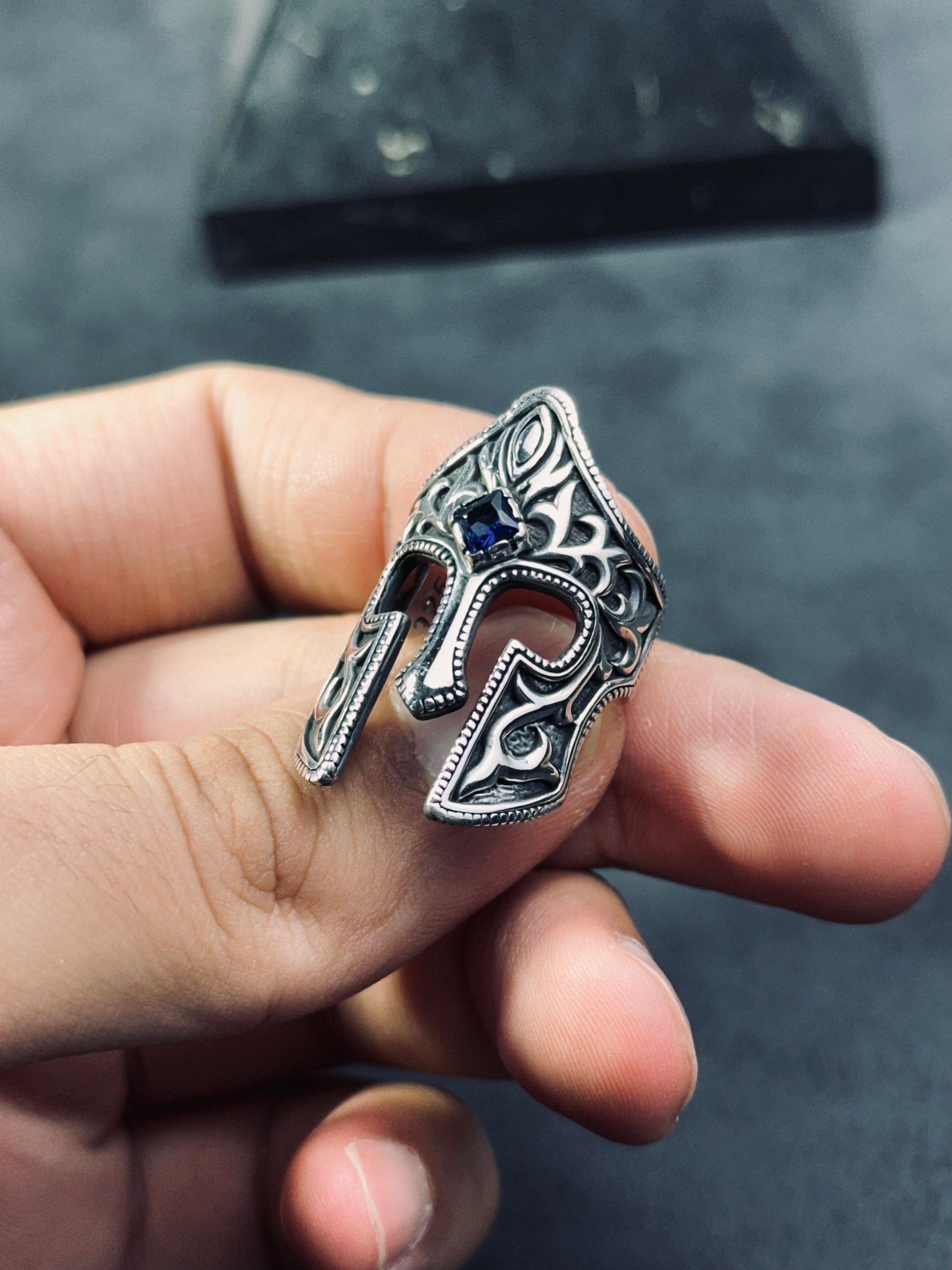 Spartan Helm Ring, Sterling Silver with Blue Zircon (Men's Size)