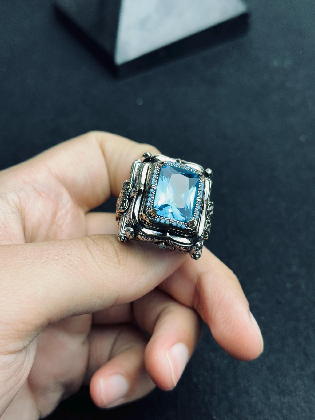 Men's Statement Ring: Large Aquamarine Square Gem - Sterling Silver