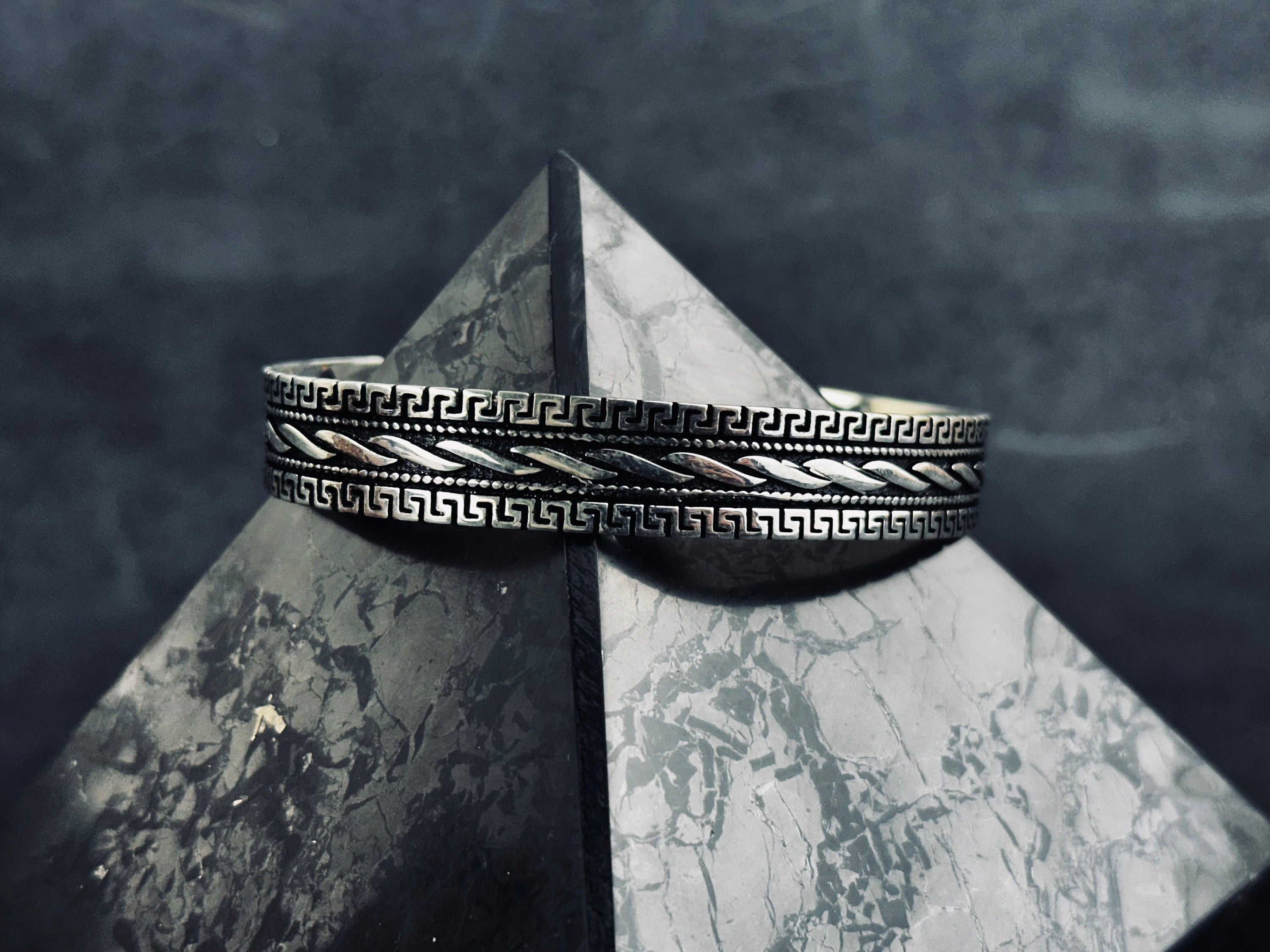 Greek Sterling Silver Cuff Bracelet, Handmade Adjustable (Unisex)