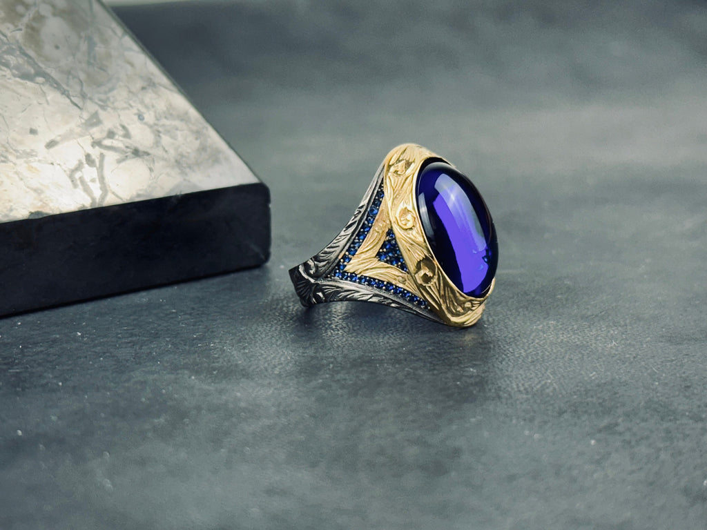 Zircon Statement Ring: Mystic Blue Oval - Sterling Silver