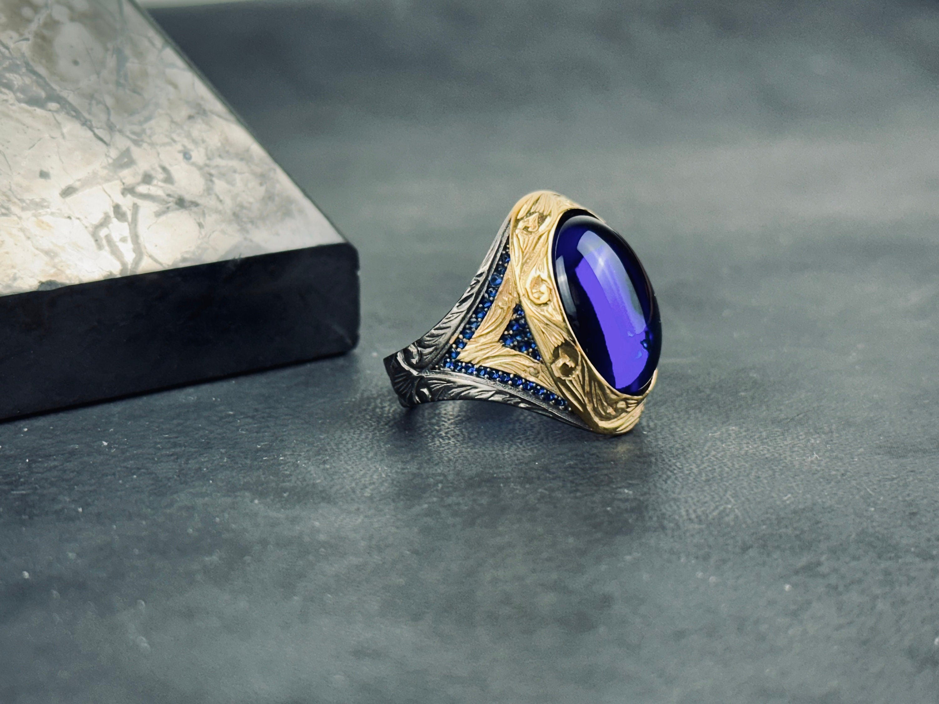 Zircon Statement Ring: Mystic Blue Oval - Sterling Silver