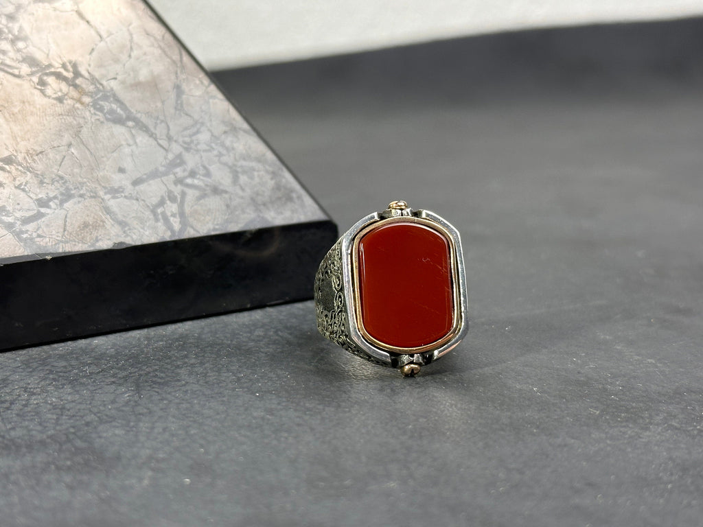 Men's Red Agate Silver Ring, Seal of Solomon (Double-Sided Design)