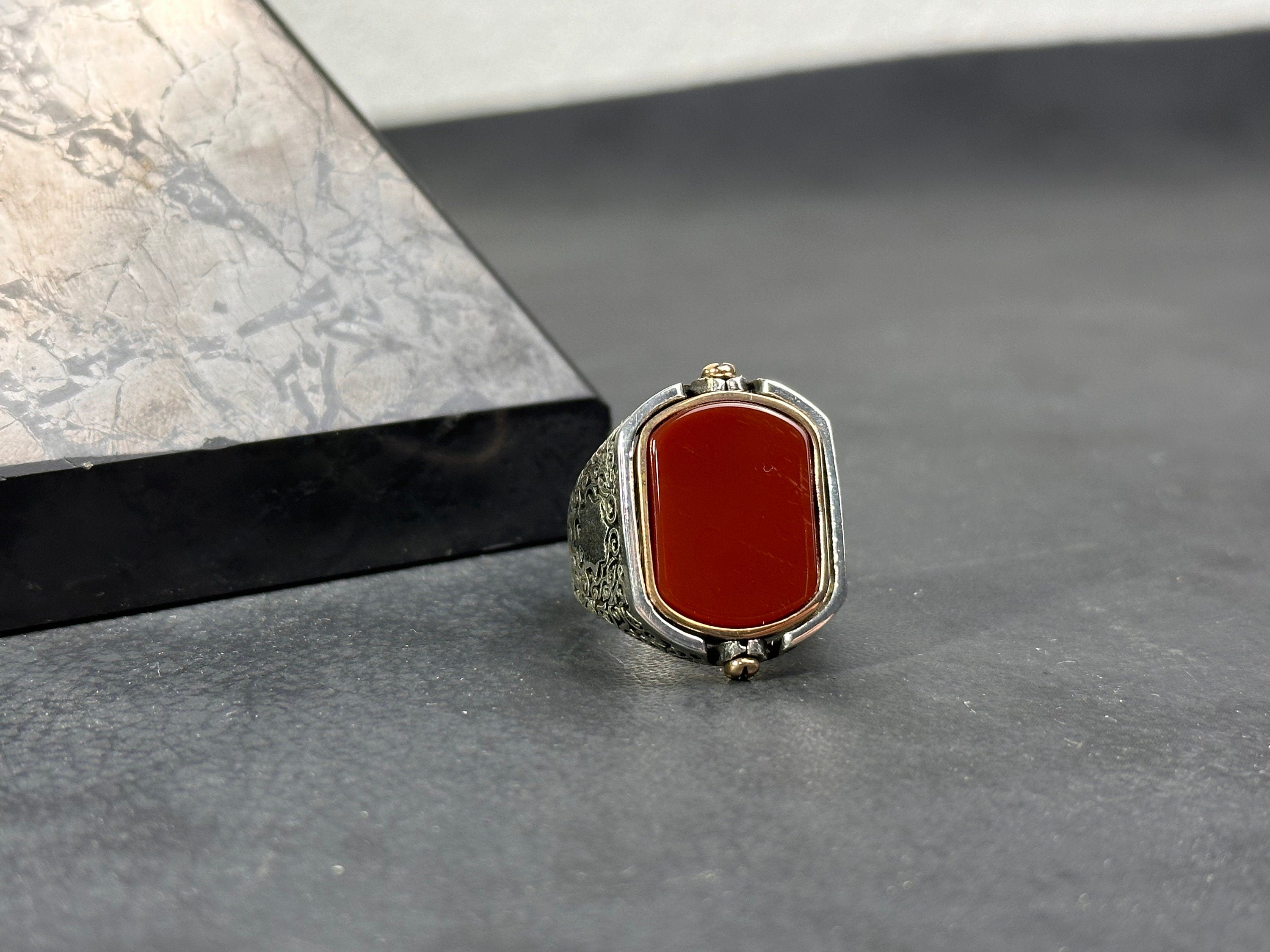 Men's Red Agate Silver Ring, Seal of Solomon (Double-Sided Design)