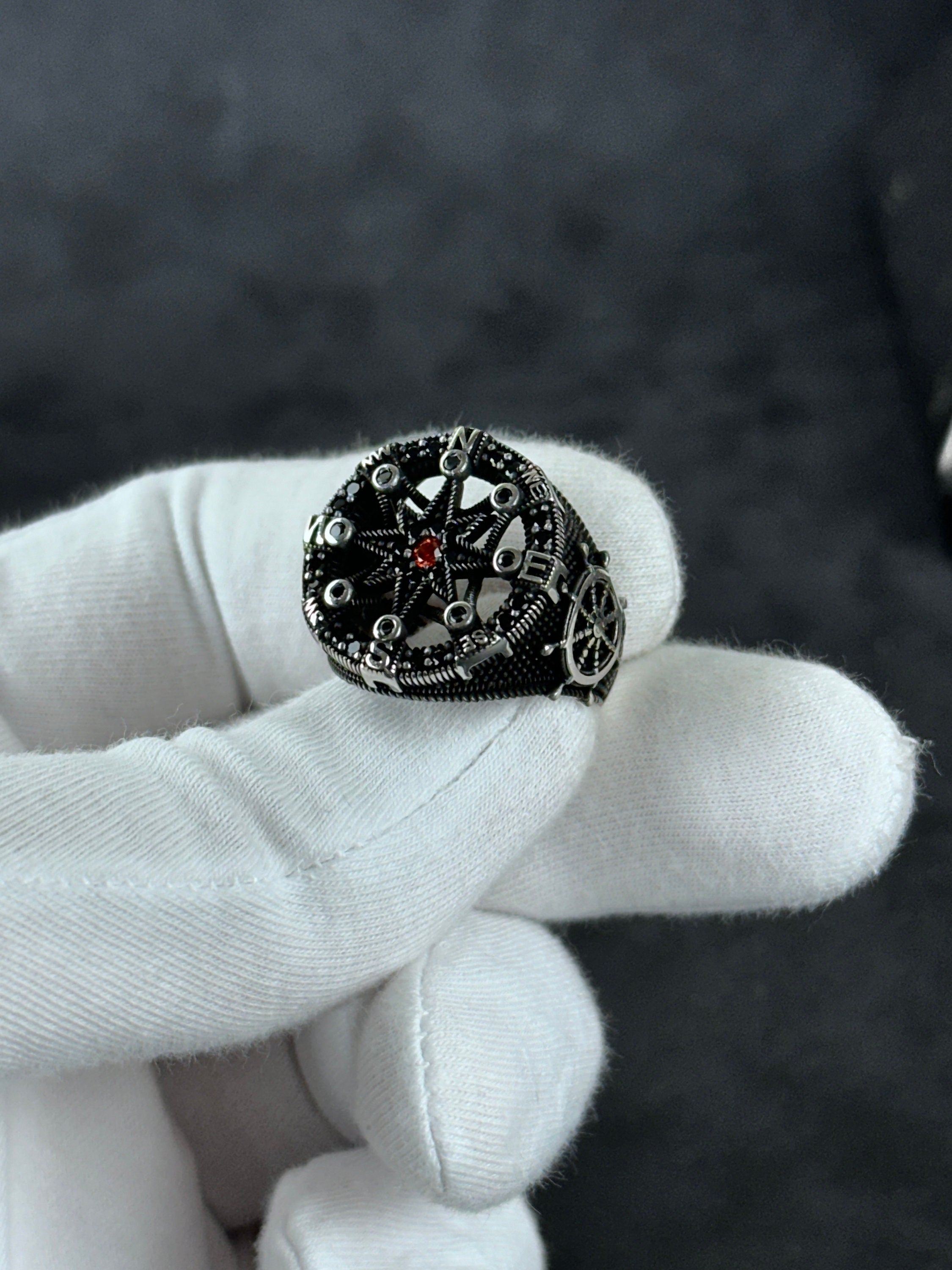 Sailor Sterling Silver Compass Ring (Handmade, Gift Box Included)