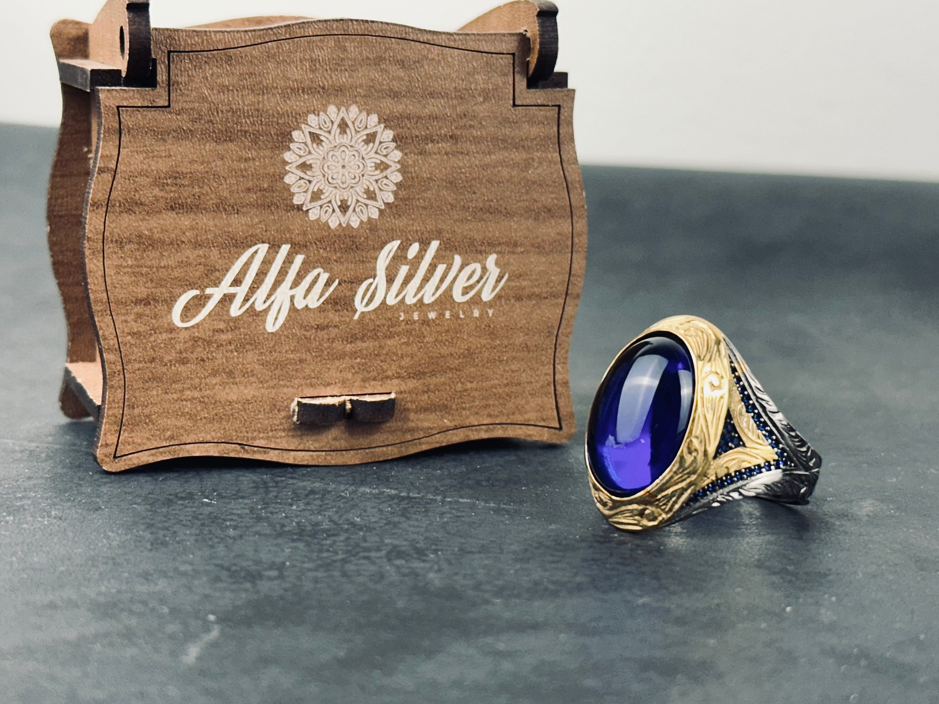 Zircon Statement Ring: Mystic Blue Oval - Sterling Silver