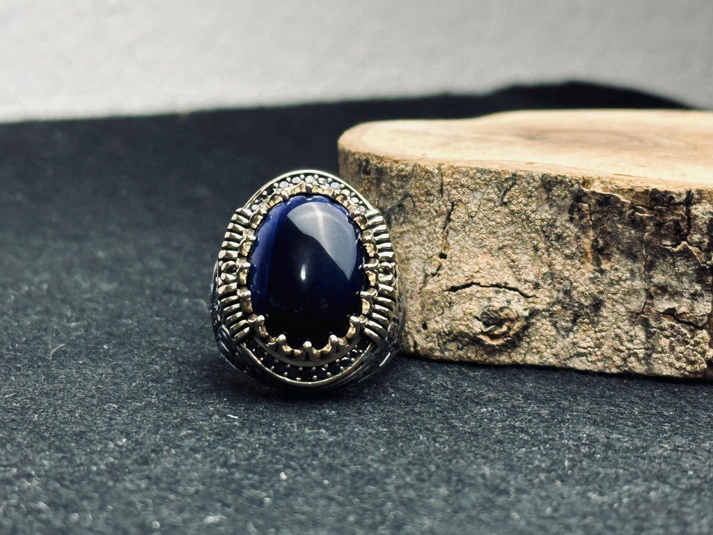 Viking Sapphire Ring, Dragon Engraved, Sterling Silver (Men's Size)