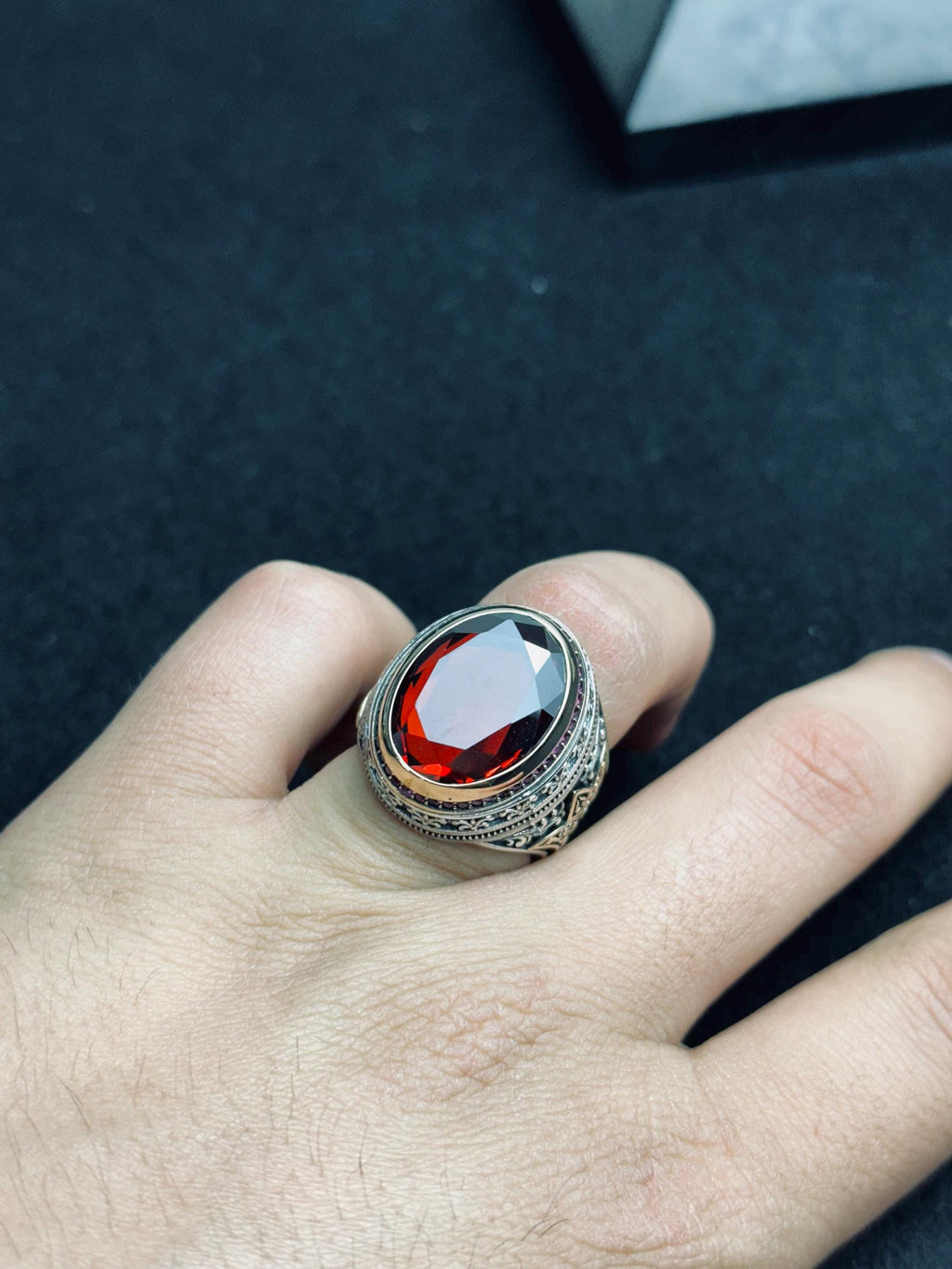 Ottoman Ruby Ring: Vintage Sterling Silver Men's Statement Jewelry
