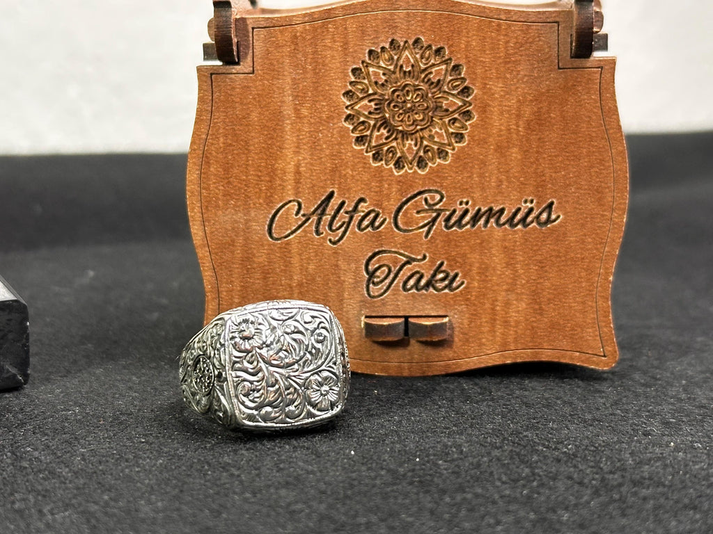 Men's Silver Ring: Engraved Tree Bark Style - Handmade 925 Sterling