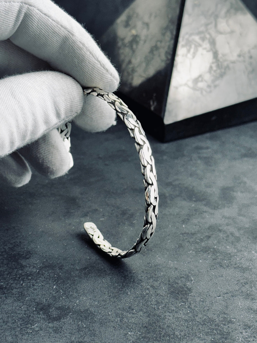 Sterling Silver Bangle: Knitted Design - Handmade Adjustable Cuff