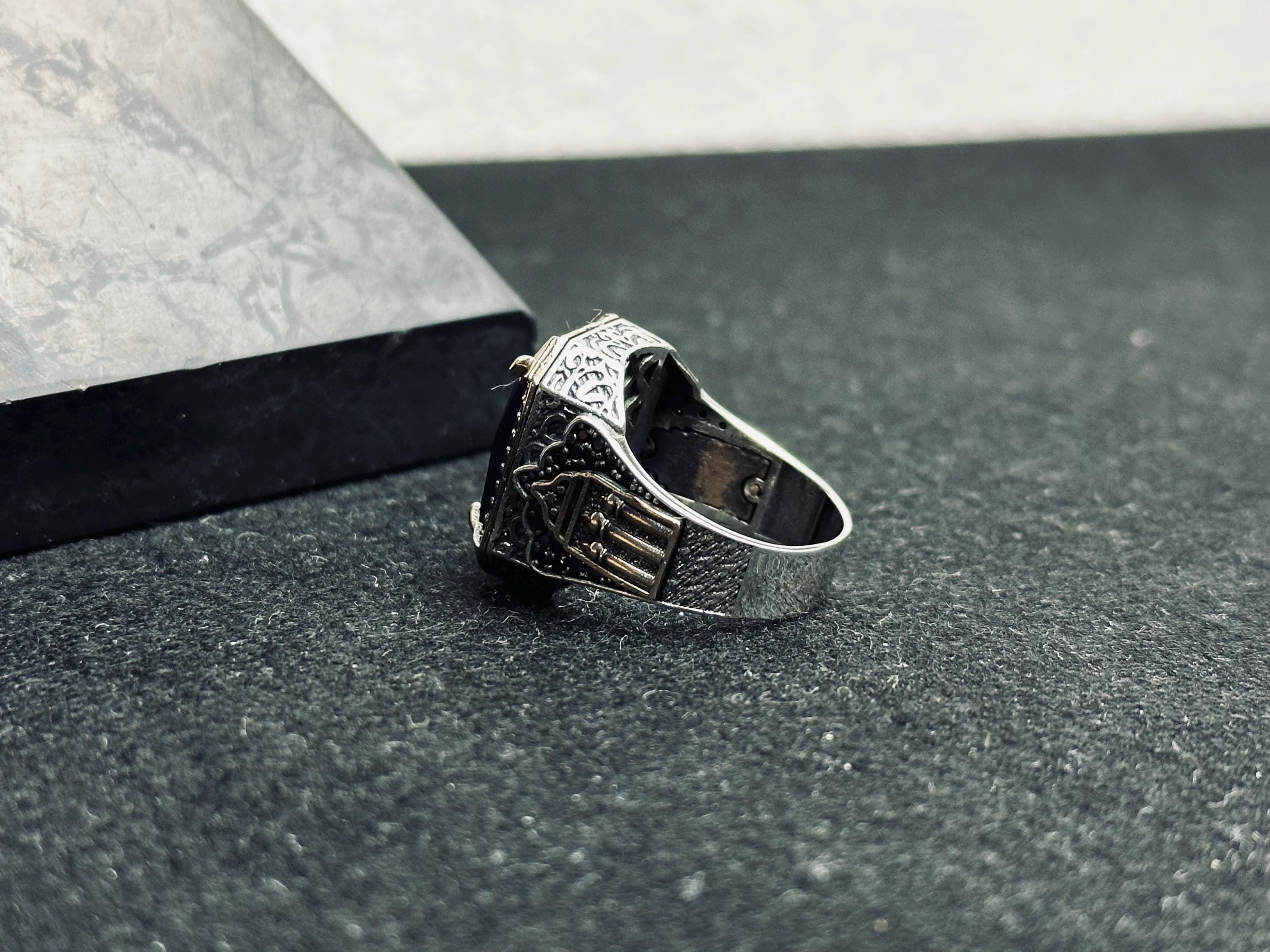 Men's Oxidized Silver Signet Ring, Black Zircon (Handmade 925 Sterling)