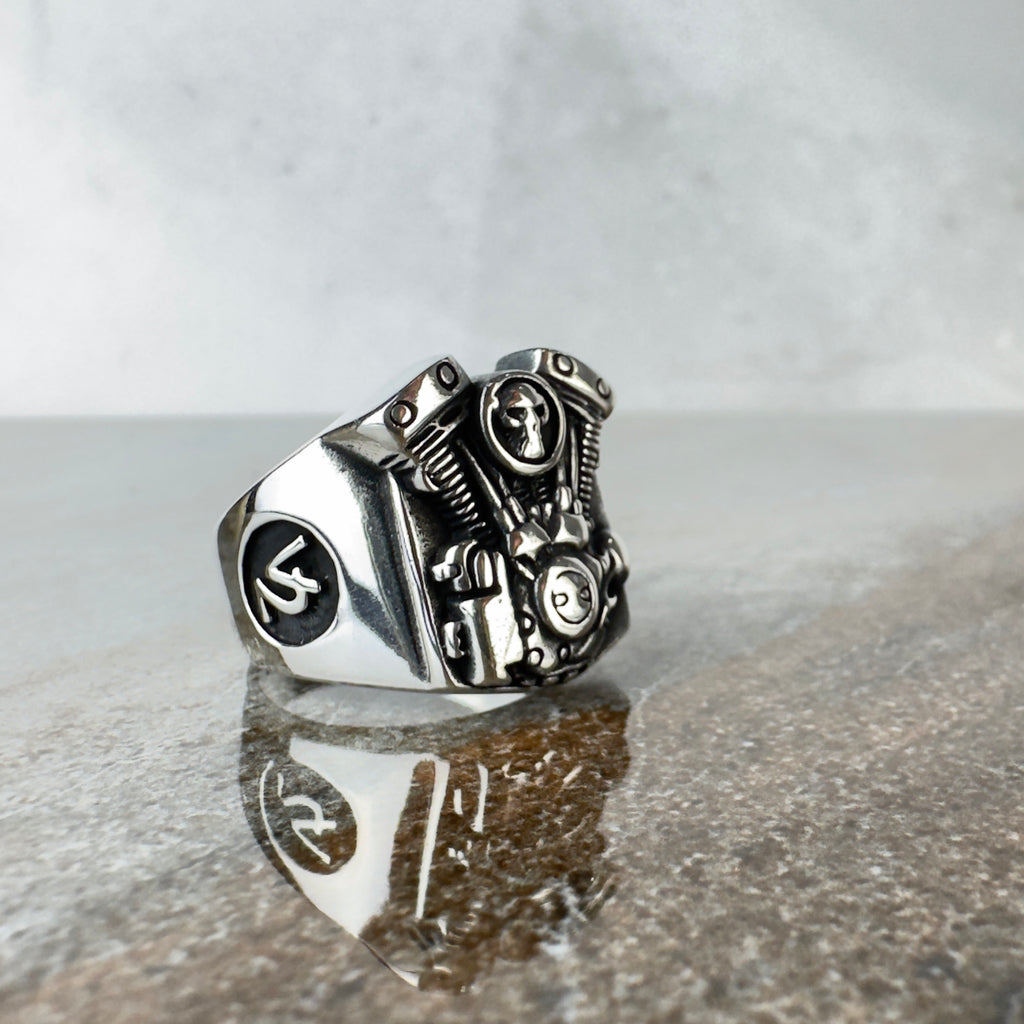 Engine Skull Motorcycle Ring: Handmade Sterling Silver