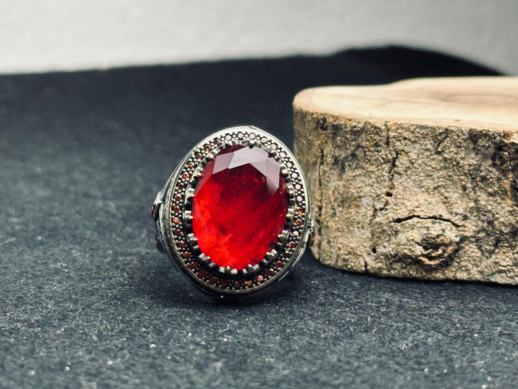 Men's Sterling Silver Ring, Oval Red Ruby (Handmade Statement)