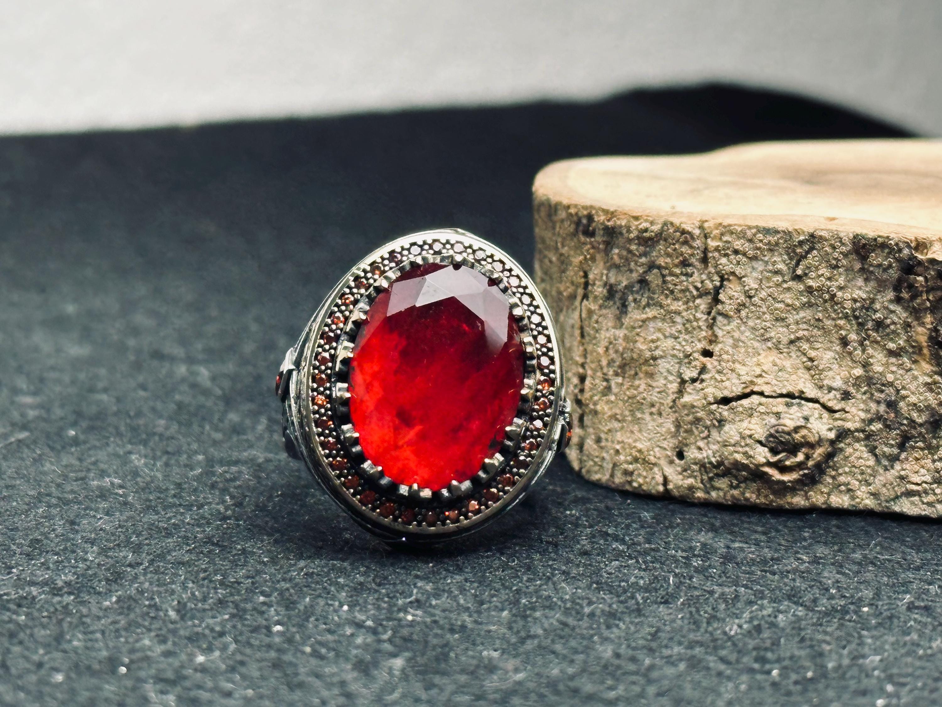 Men's Sterling Silver Ring, Oval Red Ruby (Handmade Statement)