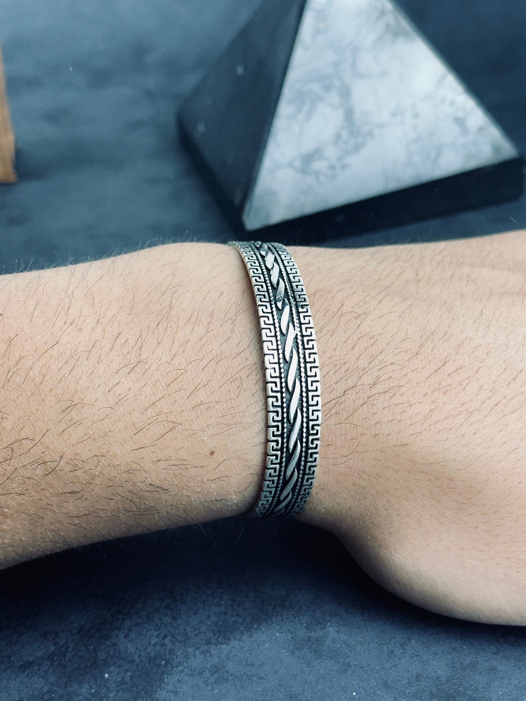 Greek Sterling Silver Cuff Bracelet, Handmade Adjustable (Unisex)